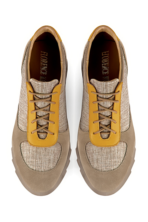 Tan beige and mustard yellow women's three-tone elegant sneakers. Round toe. Low rubber soles. Top view - Florence KOOIJMAN